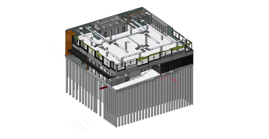 IFC model showing architectural, structural, and mechanical elements of the building